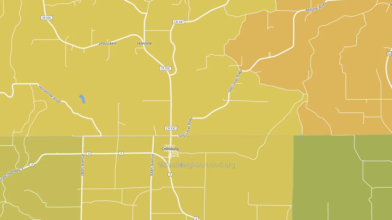 Map of the best neighborhoods in the 52035 area, with better matches in green and worse matches in red