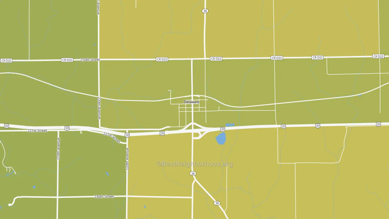Map of the best neighborhoods in the 52036 area, with better matches in green and worse matches in red