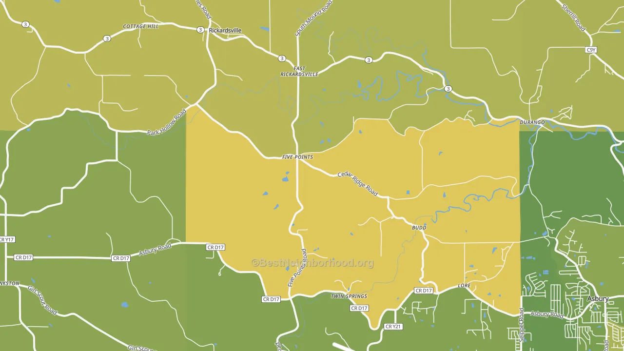 Map of the best neighborhoods in the 52039 area, with better matches in green and worse matches in red