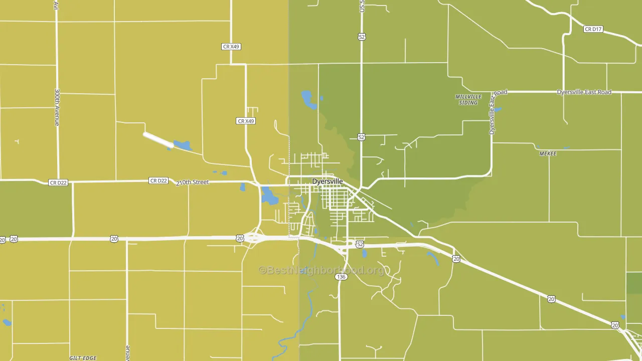 Map of the best neighborhoods in the 52040 area, with better matches in green and worse matches in red
