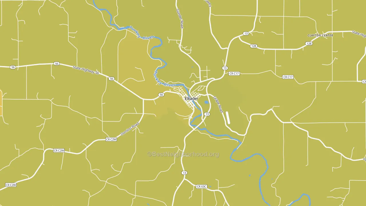 Map of the best neighborhoods in the 52043 area, with better matches in green and worse matches in red