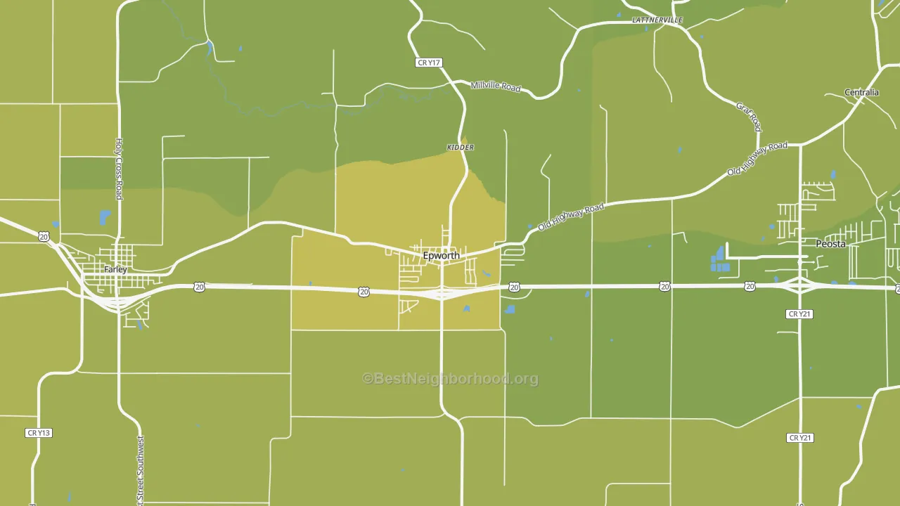 Map of the best neighborhoods in the 52045 area, with better matches in green and worse matches in red