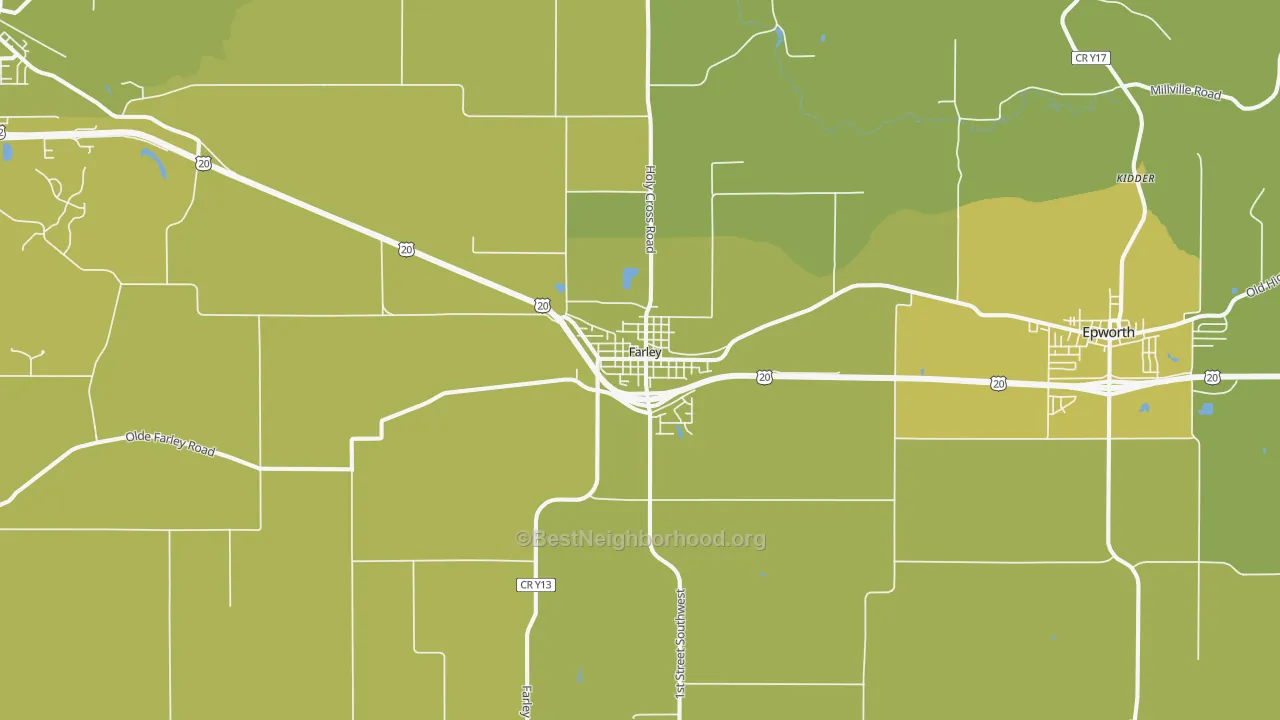 Map of the best neighborhoods in the 52046 area, with better matches in green and worse matches in red