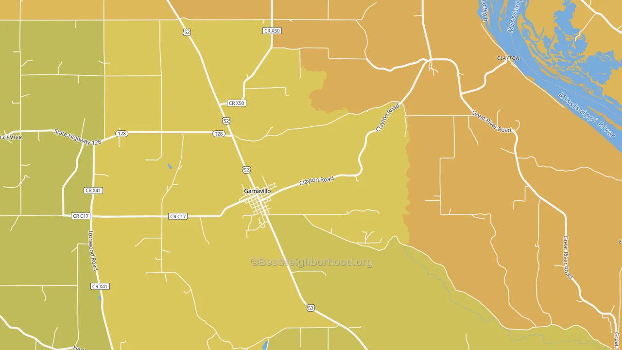 Map of the best neighborhoods in the 52049 area, with better matches in green and worse matches in red