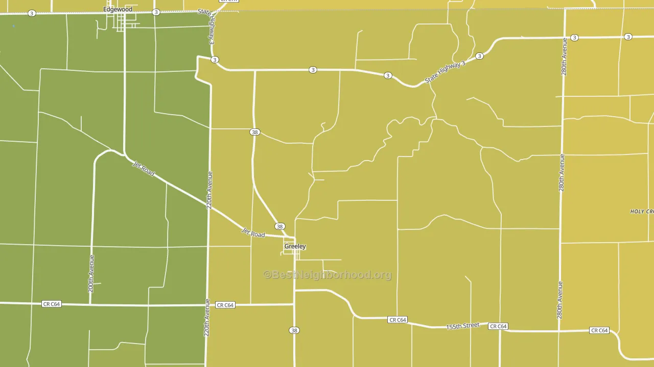 Map of the best neighborhoods in the 52050 area, with better matches in green and worse matches in red