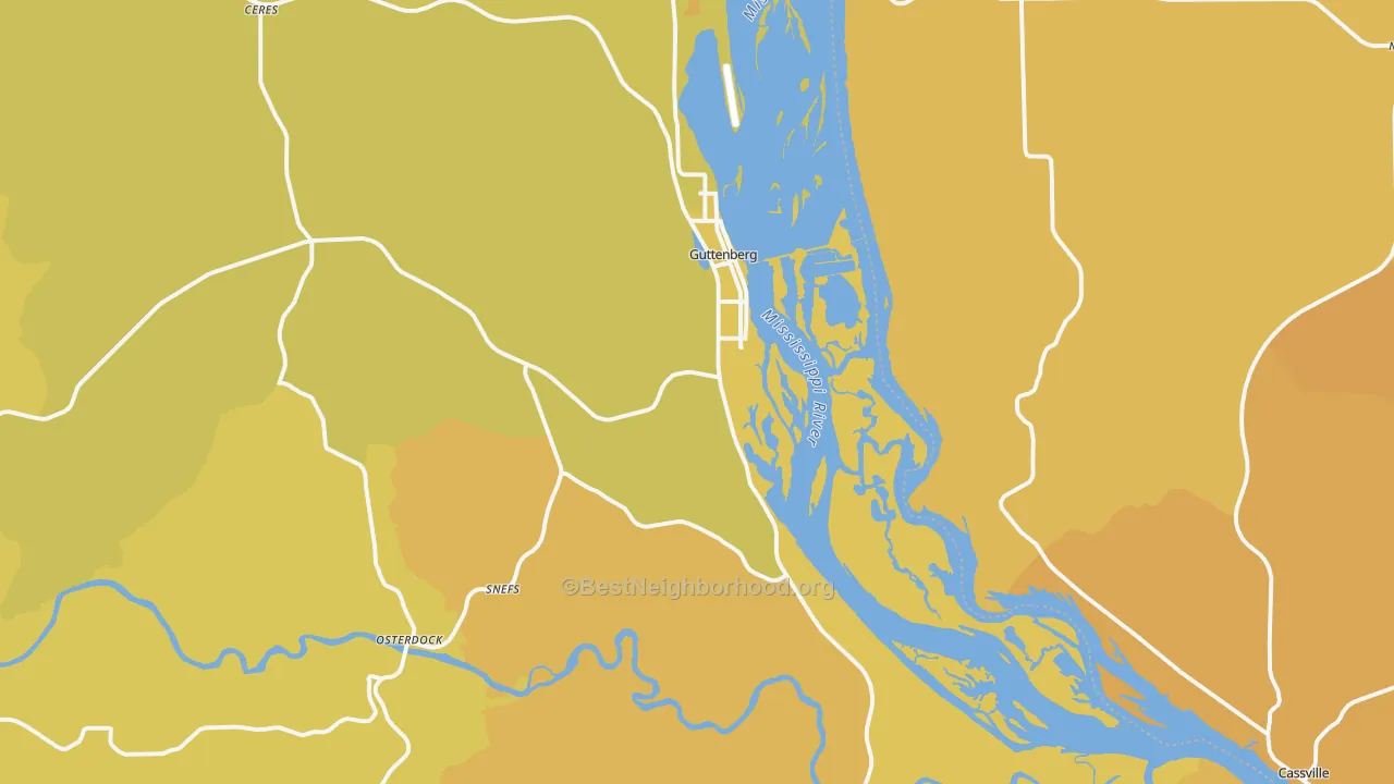 Map of the best neighborhoods in the 52052 area, with better matches in green and worse matches in red