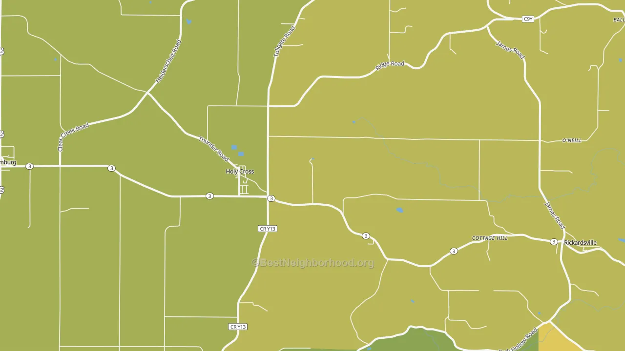 Map of the best neighborhoods in the 52053 area, with better matches in green and worse matches in red