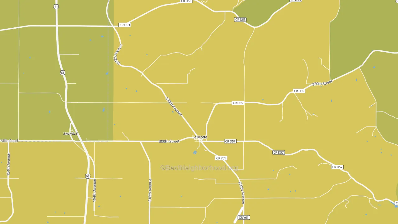 Map of the best neighborhoods in the 52054 area, with better matches in green and worse matches in red