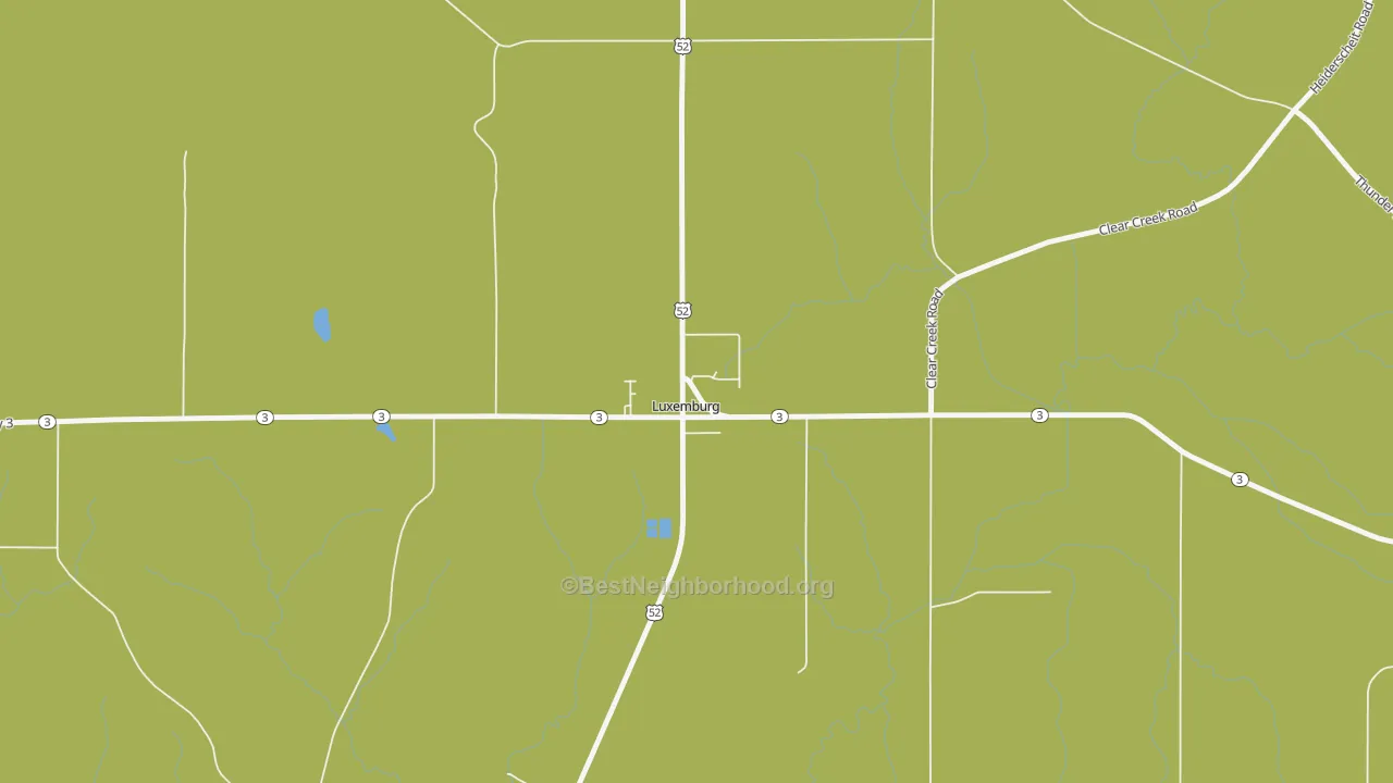 Map of the best neighborhoods in the 52056 area, with better matches in green and worse matches in red