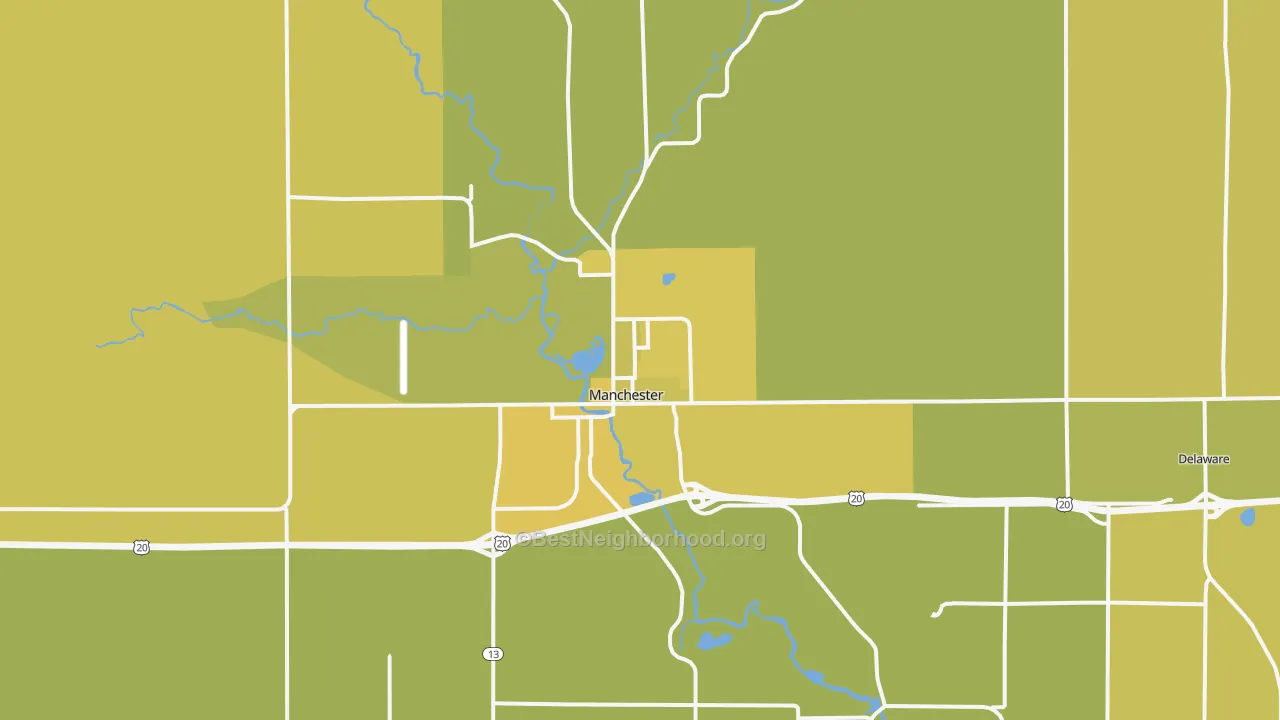 Map of the best neighborhoods in the 52057 area, with better matches in green and worse matches in red