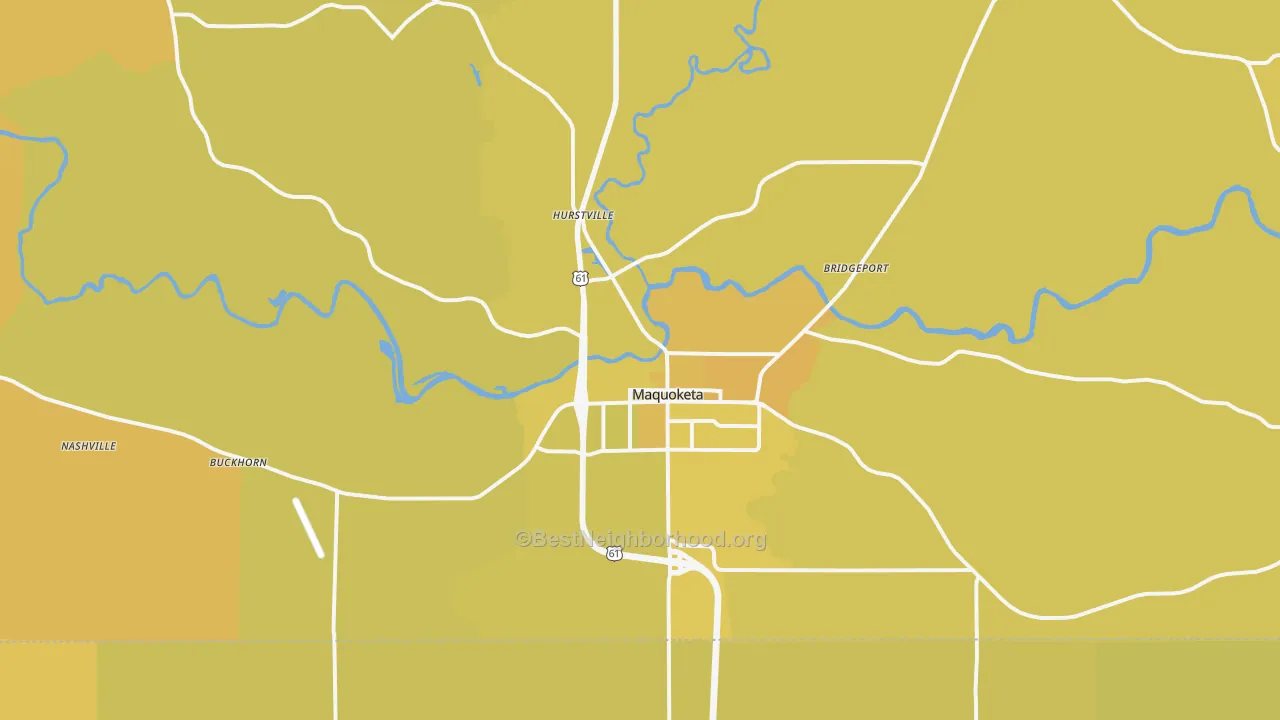 Map of the best neighborhoods in the 52060 area, with better matches in green and worse matches in red