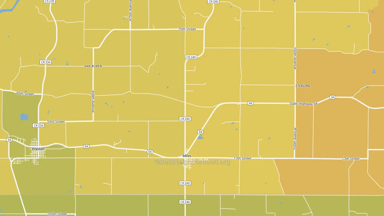 Map of the best neighborhoods in the 52064 area, with better matches in green and worse matches in red