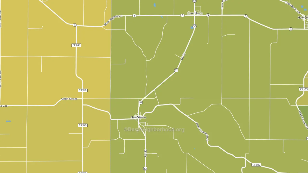 Map of the best neighborhoods in the 52065 area, with better matches in green and worse matches in red