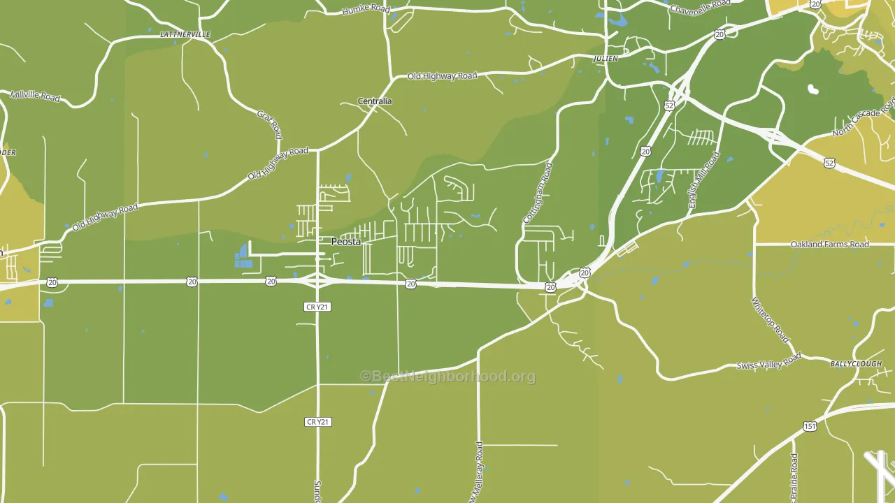Map of the best neighborhoods in the 52068 area, with better matches in green and worse matches in red