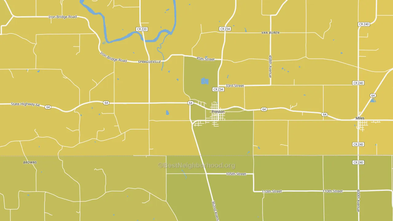 Map of the best neighborhoods in the 52069 area, with better matches in green and worse matches in red
