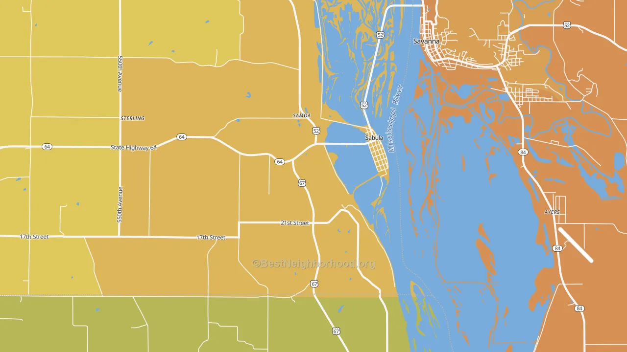 Map of the best neighborhoods in the 52070 area, with better matches in green and worse matches in red