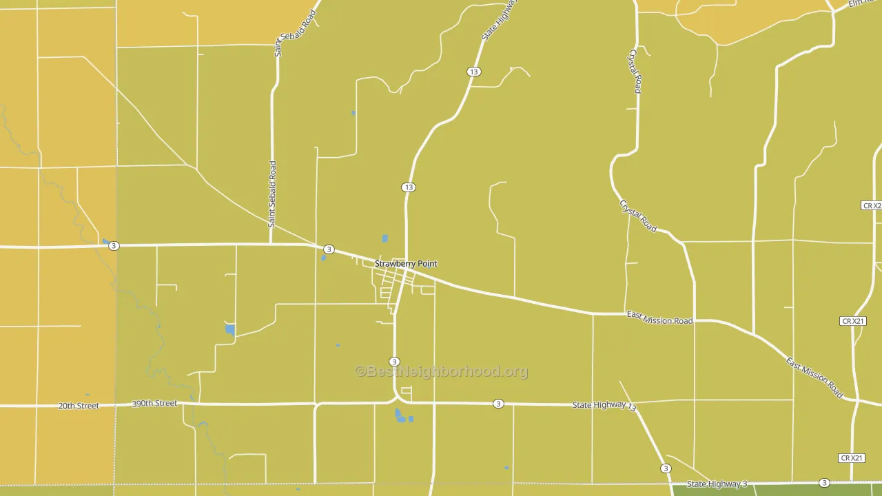 Map of the best neighborhoods in the 52076 area, with better matches in green and worse matches in red