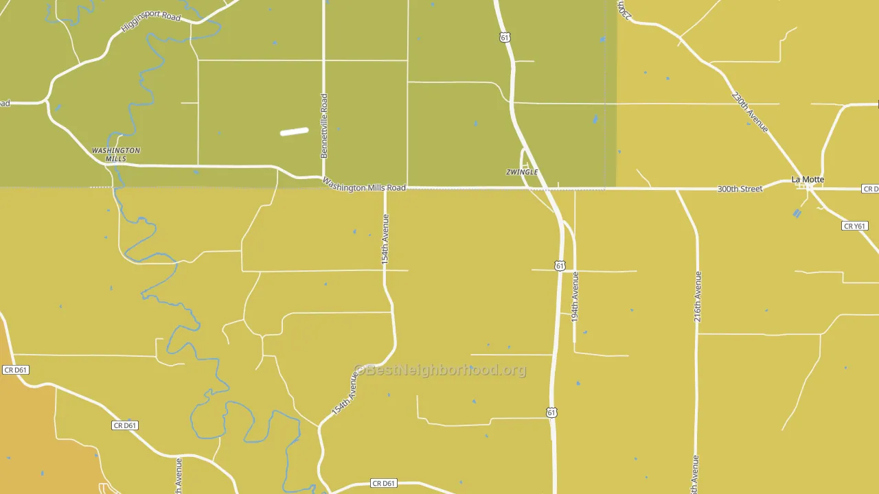 Map of the best neighborhoods in the 52079 area, with better matches in green and worse matches in red