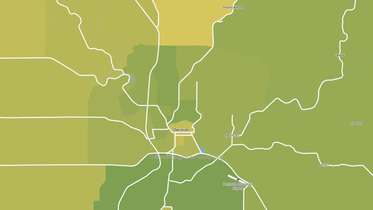 Map of the best neighborhoods in the 52101 area, with better matches in green and worse matches in red