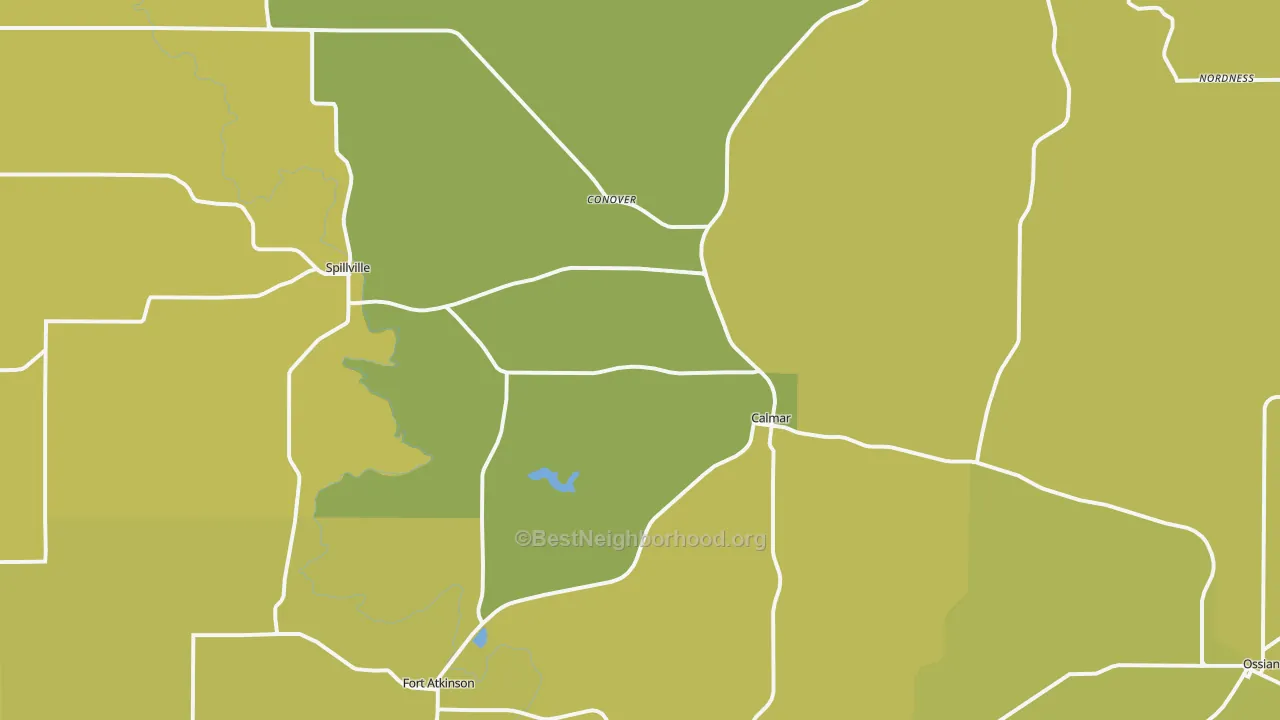 Map of the best neighborhoods in the 52132 area, with better matches in green and worse matches in red