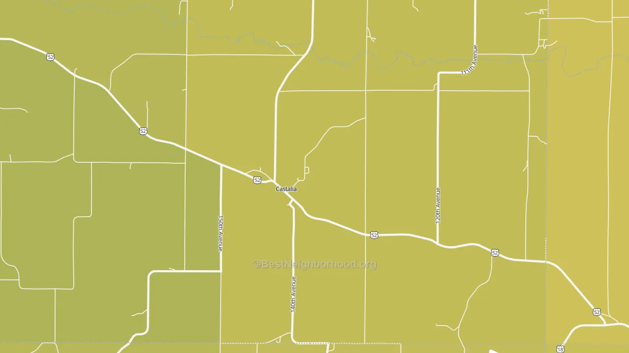 Map of the best neighborhoods in the 52133 area, with better matches in green and worse matches in red