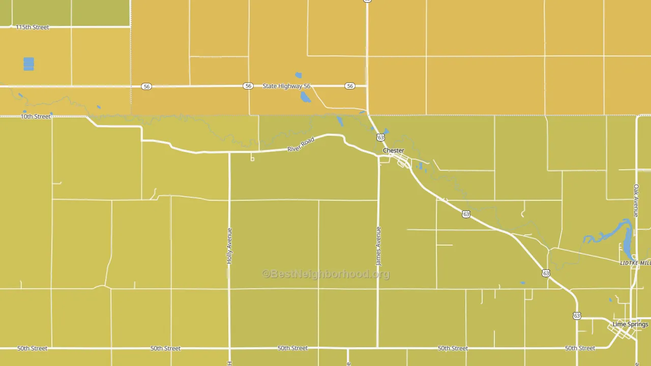 Map of the best neighborhoods in the 52134 area, with better matches in green and worse matches in red