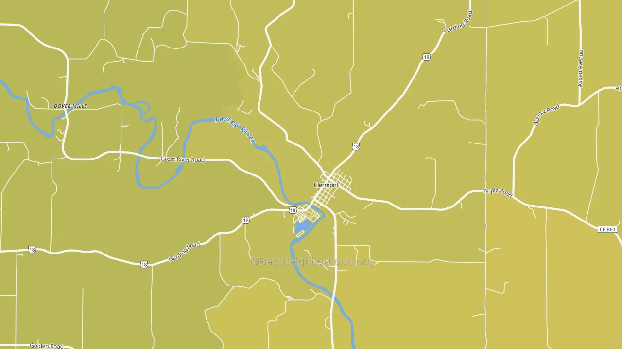 Map of the best neighborhoods in the 52135 area, with better matches in green and worse matches in red