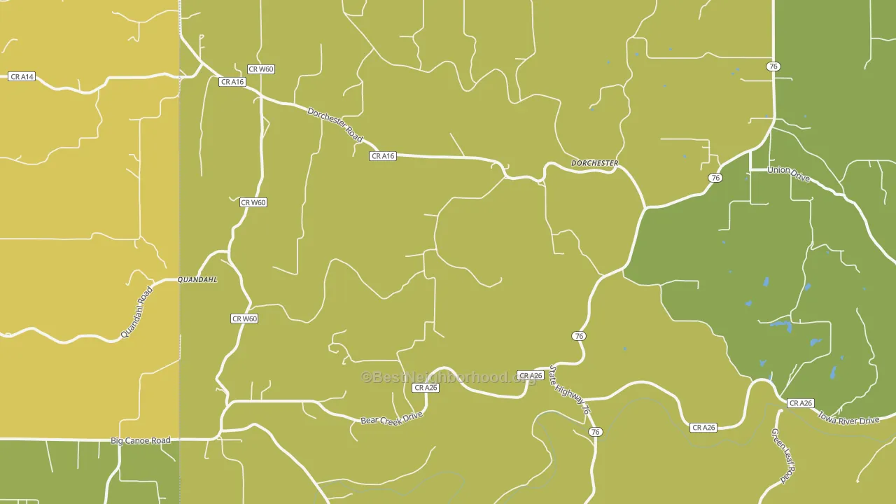 Map of the best neighborhoods in the 52140 area, with better matches in green and worse matches in red