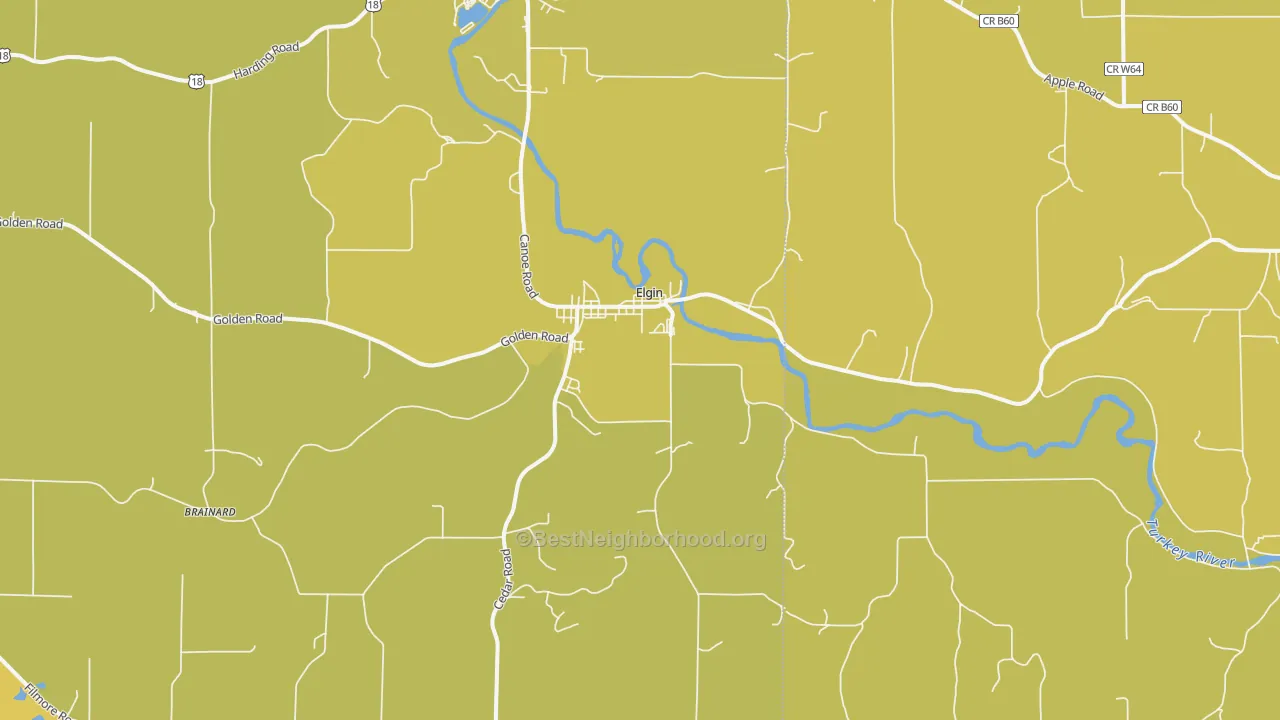 Map of the best neighborhoods in the 52141 area, with better matches in green and worse matches in red