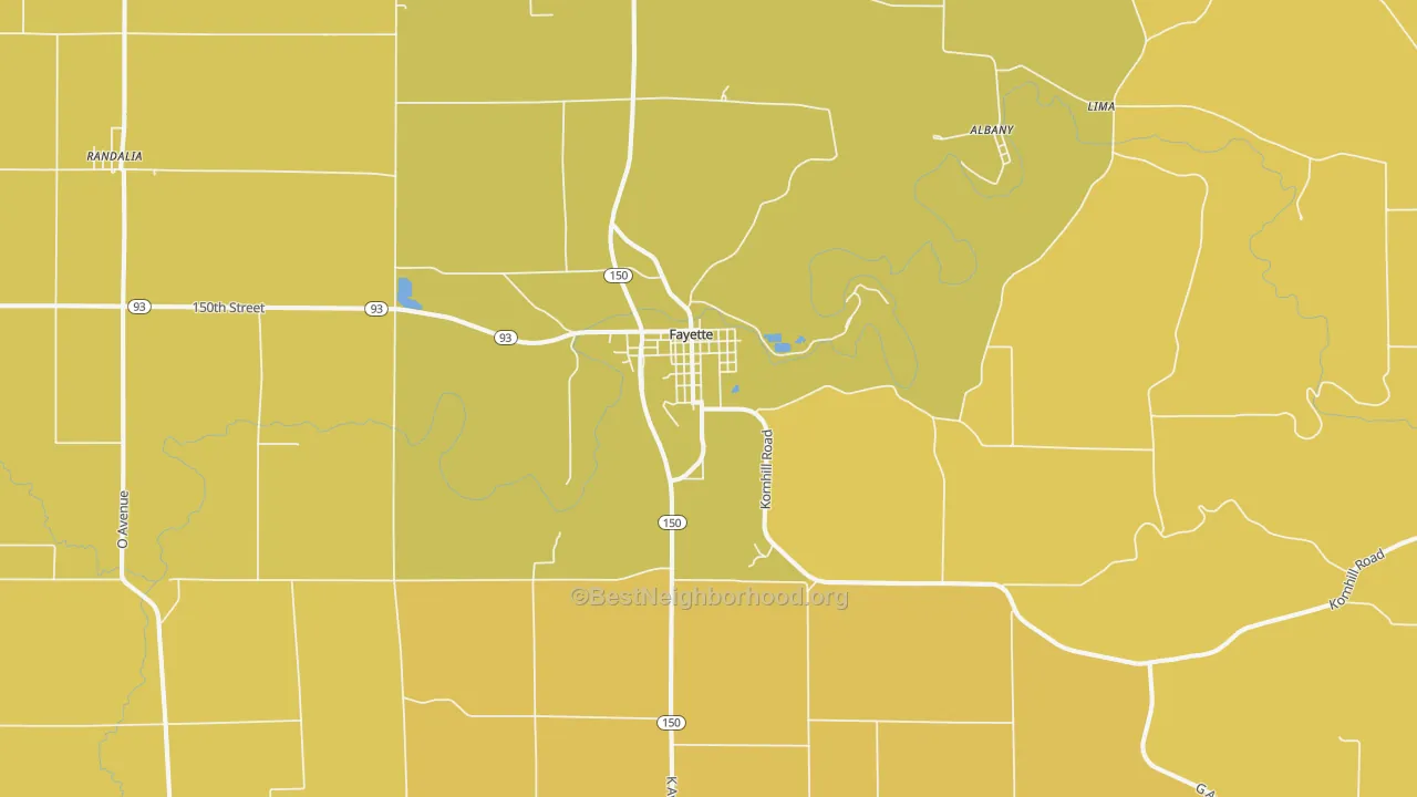 Map of the best neighborhoods in the 52142 area, with better matches in green and worse matches in red