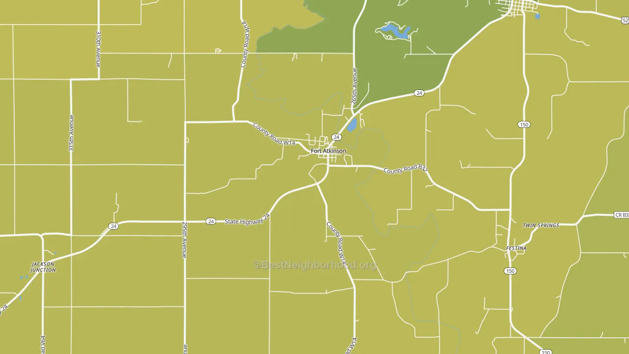 Map of the best neighborhoods in the 52144 area, with better matches in green and worse matches in red