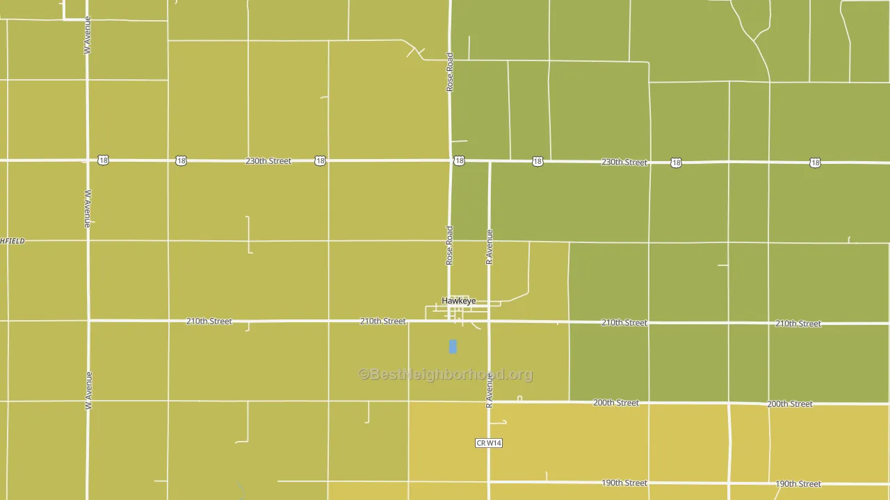Map of the best neighborhoods in the 52147 area, with better matches in green and worse matches in red