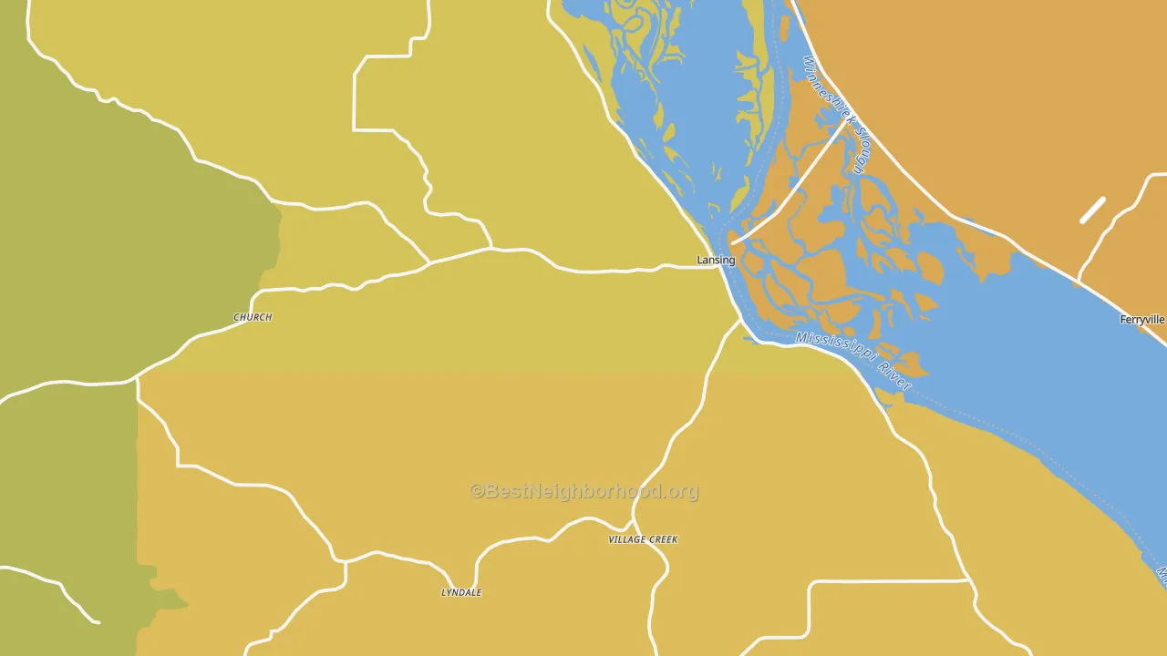 Map of the best neighborhoods in the 52151 area, with better matches in green and worse matches in red