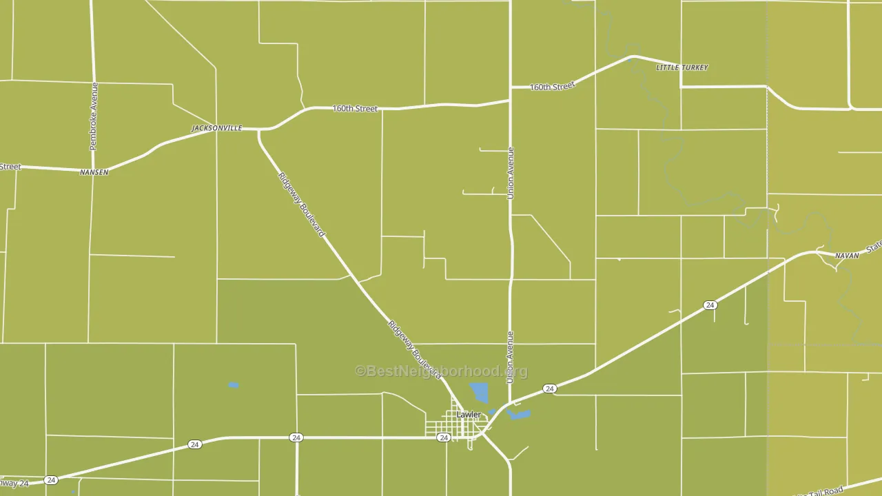 Map of the best neighborhoods in the 52154 area, with better matches in green and worse matches in red
