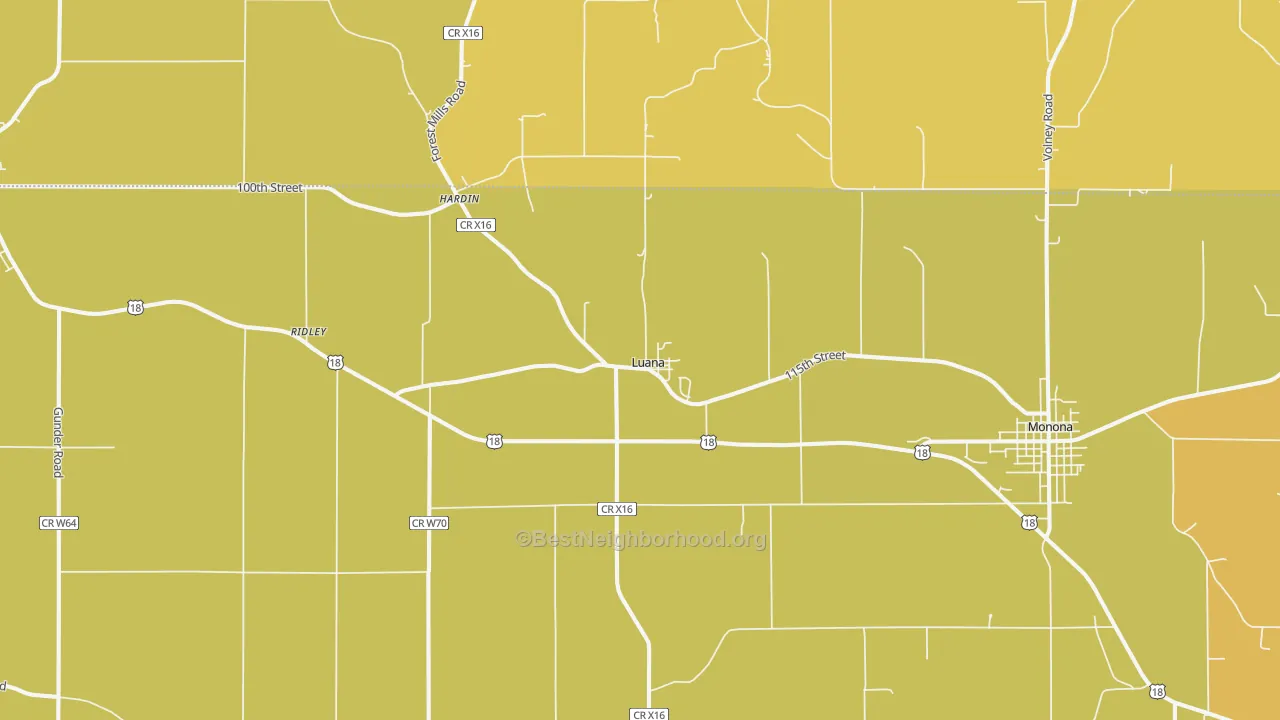 Map of the best neighborhoods in the 52156 area, with better matches in green and worse matches in red