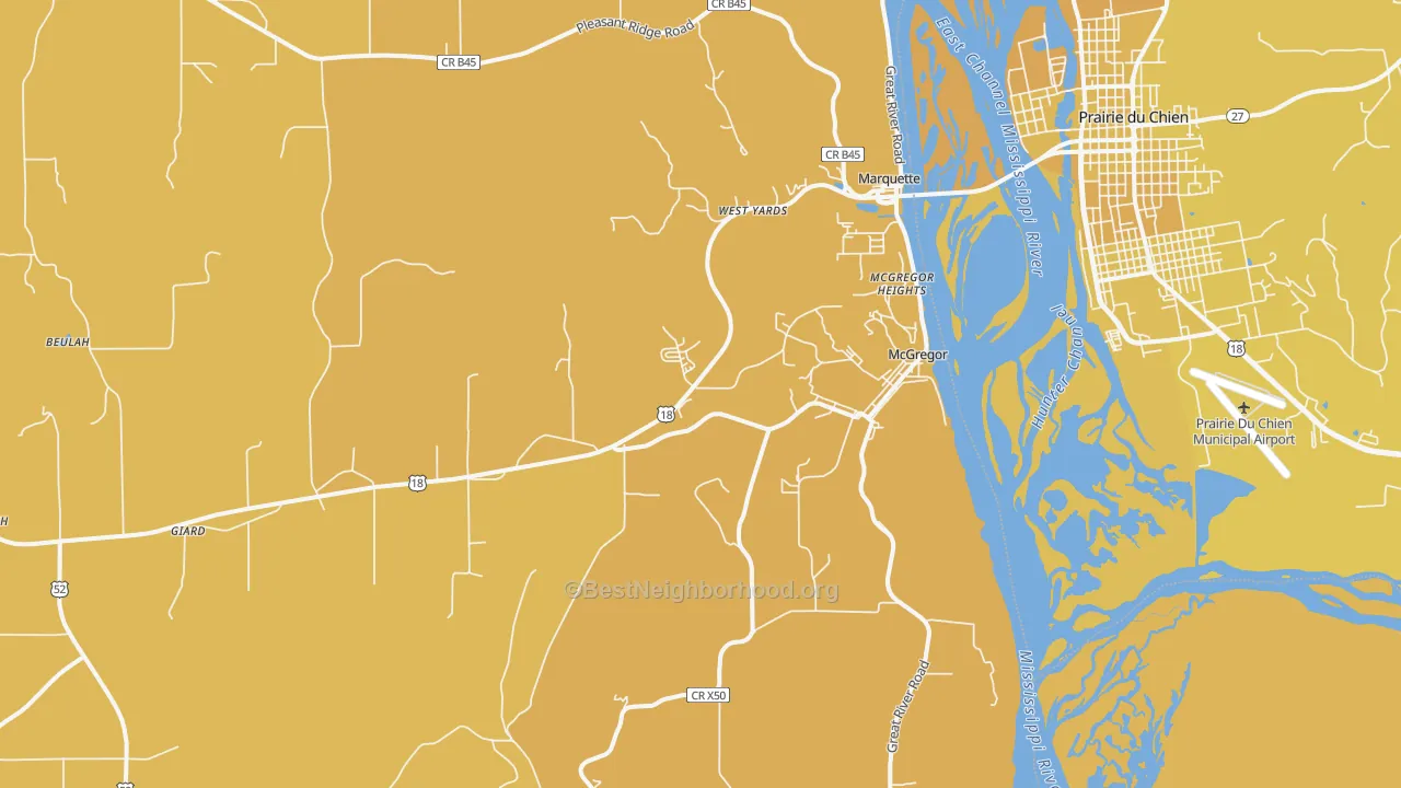Map of the best neighborhoods in the 52157 area, with better matches in green and worse matches in red