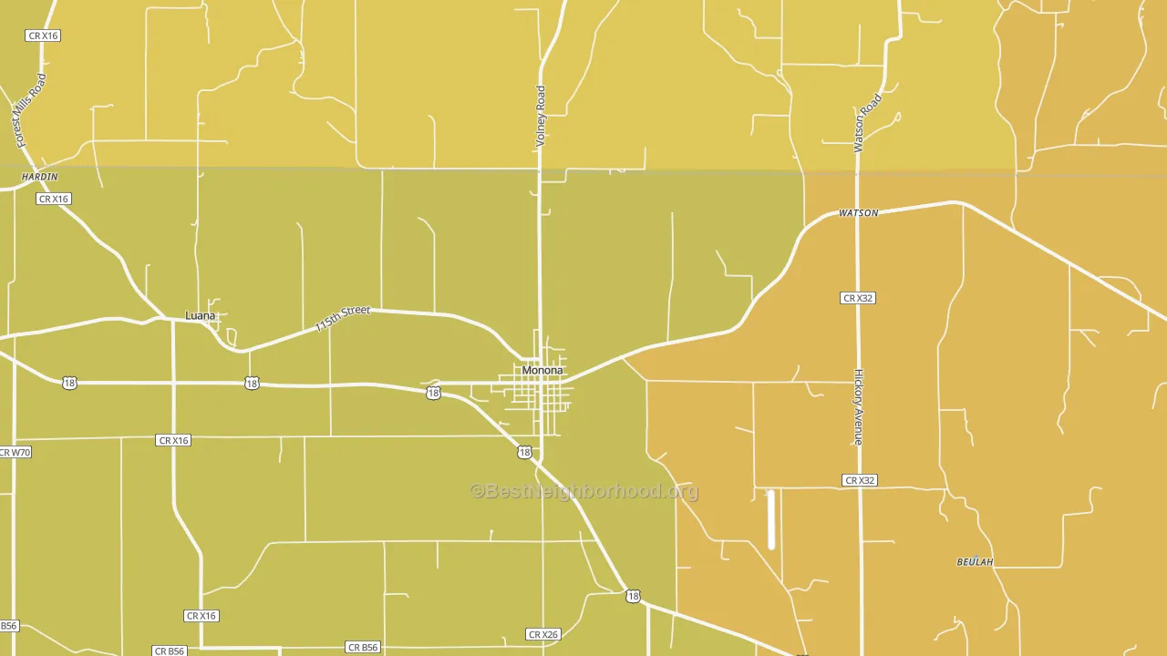 Map of the best neighborhoods in the 52159 area, with better matches in green and worse matches in red