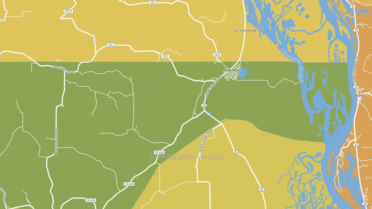 Map of the best neighborhoods in the 52160 area, with better matches in green and worse matches in red
