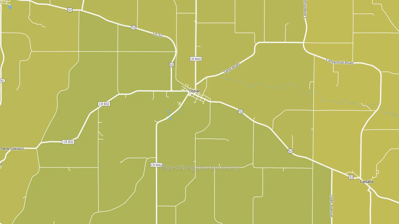 Map of the best neighborhoods in the 52161 area, with better matches in green and worse matches in red