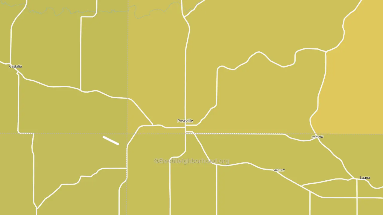 Map of the best neighborhoods in the 52162 area, with better matches in green and worse matches in red