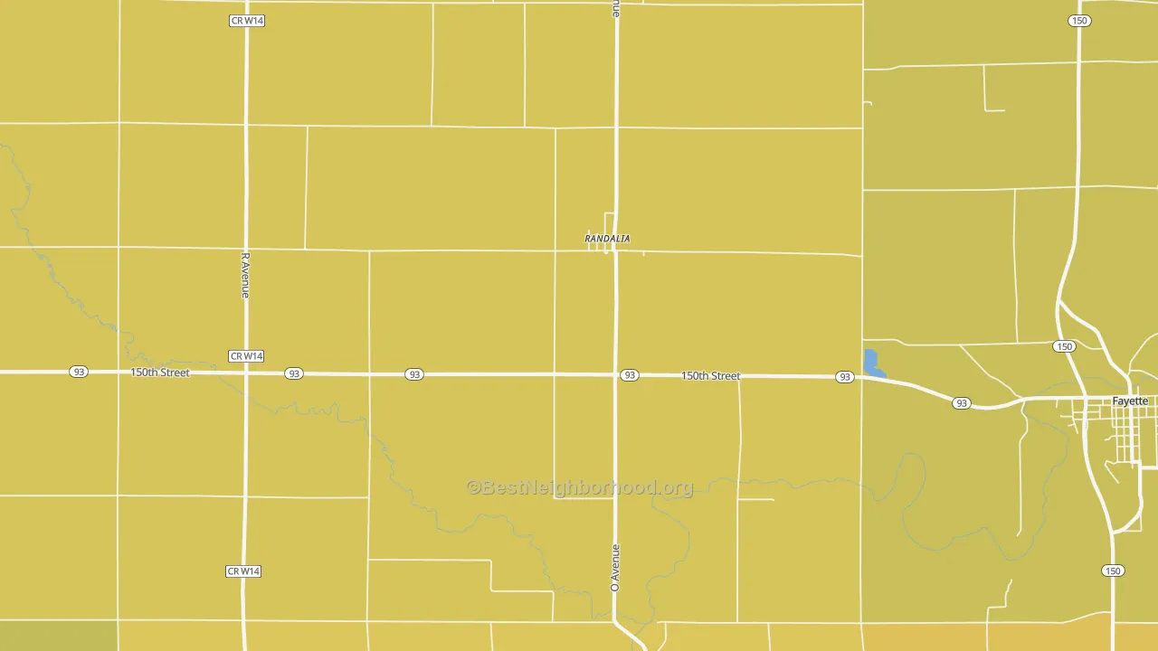 Map of the best neighborhoods in the 52164 area, with better matches in green and worse matches in red