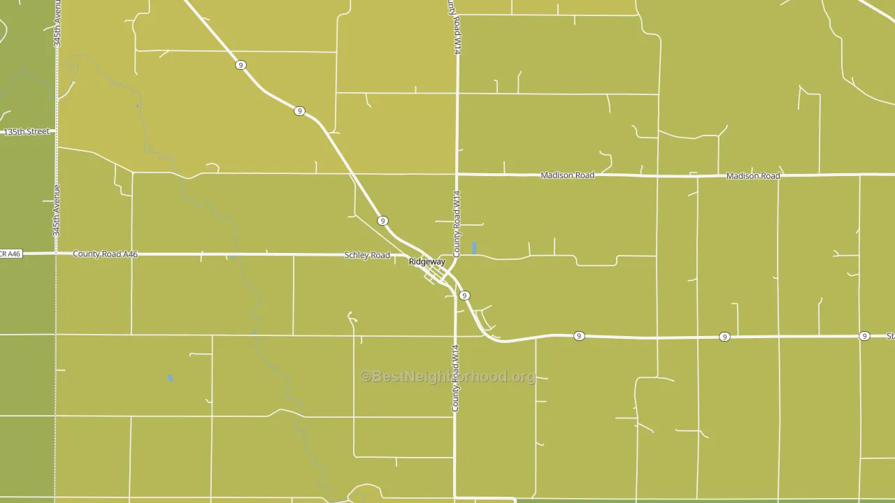 Map of the best neighborhoods in the 52165 area, with better matches in green and worse matches in red