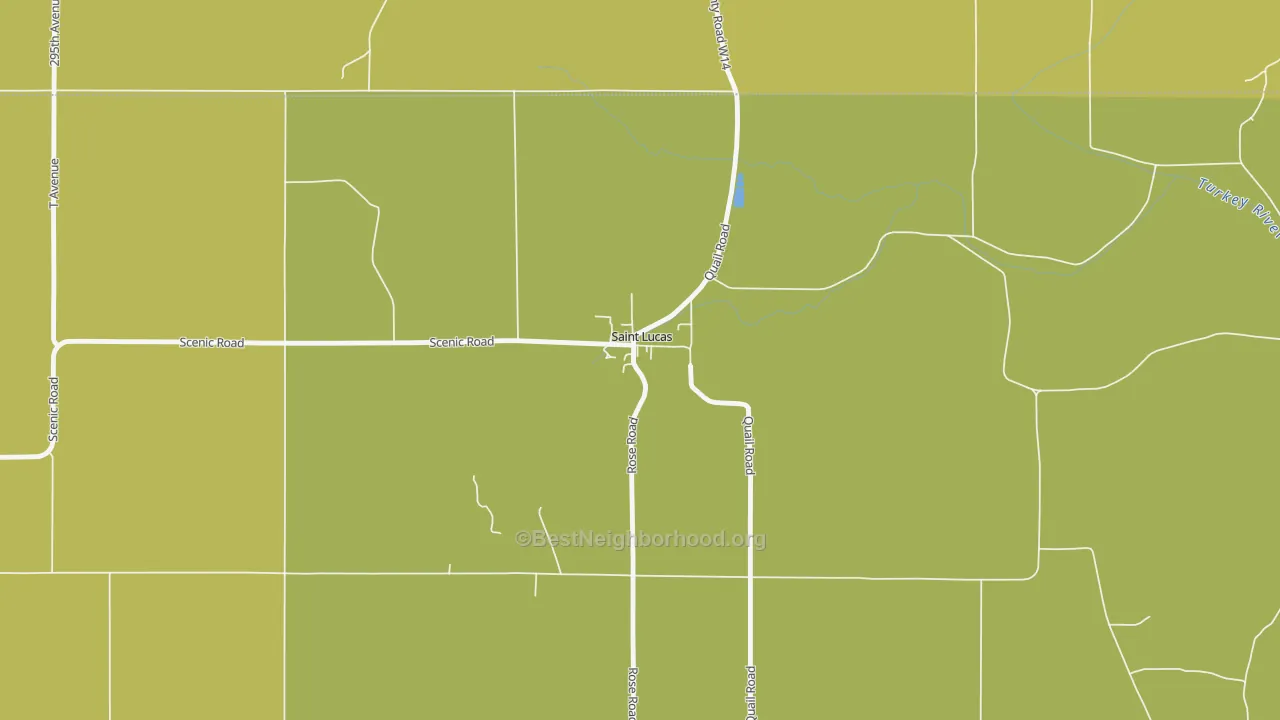 Map of the best neighborhoods in the 52166 area, with better matches in green and worse matches in red