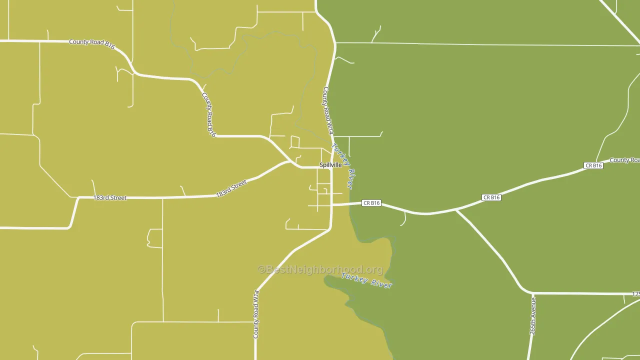 Map of the best neighborhoods in the 52168 area, with better matches in green and worse matches in red