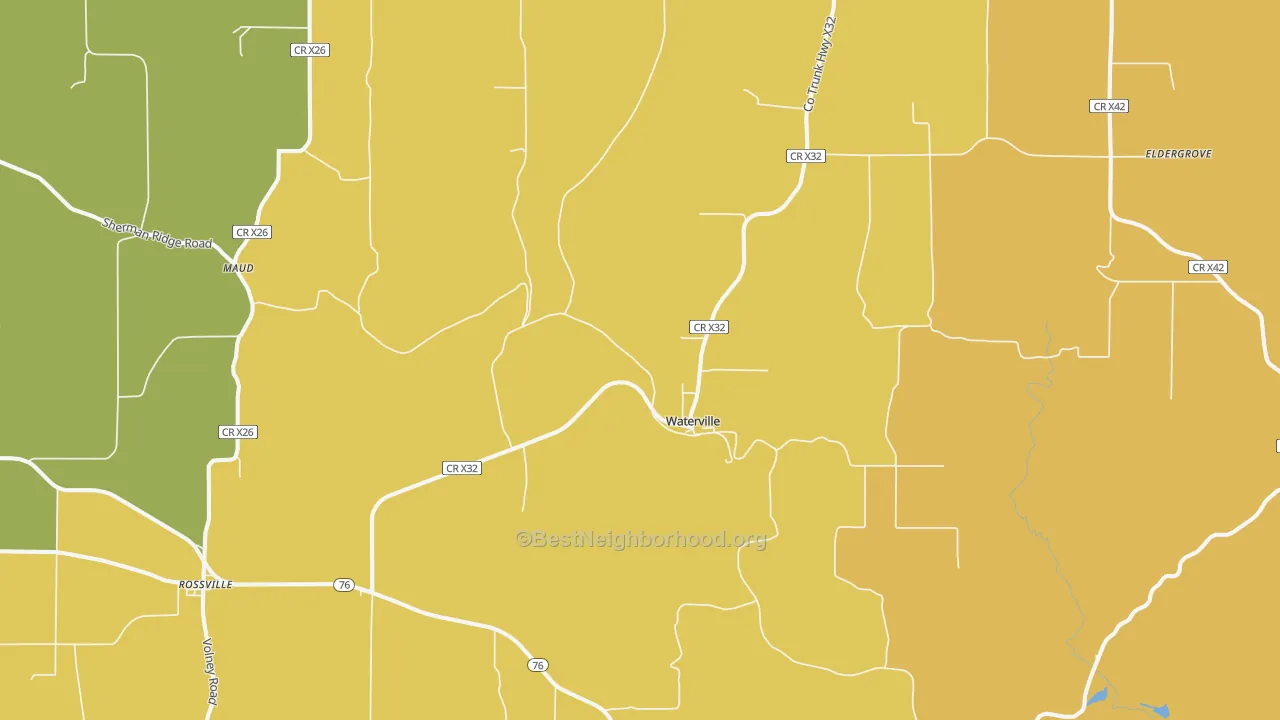 Map of the best neighborhoods in the 52170 area, with better matches in green and worse matches in red