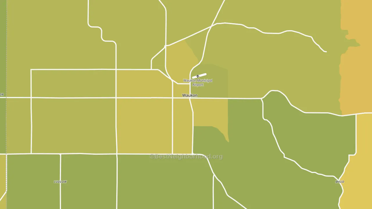 Map of the best neighborhoods in the 52172 area, with better matches in green and worse matches in red