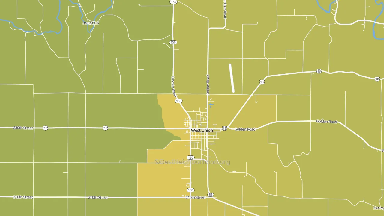 Map of the best neighborhoods in the 52175 area, with better matches in green and worse matches in red