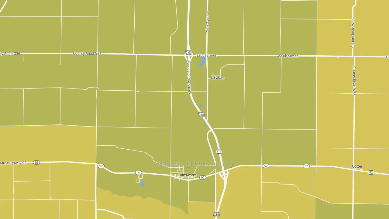 Map of the best neighborhoods in the 52201 area, with better matches in green and worse matches in red