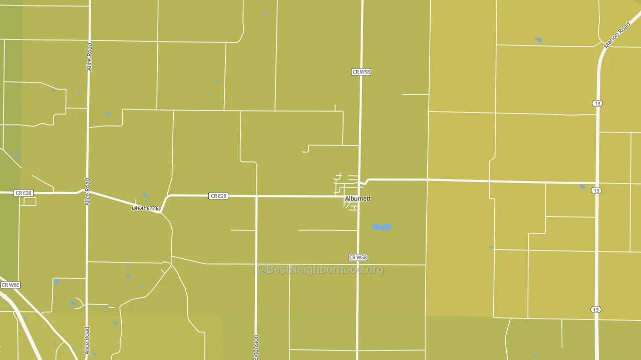 Map of the best neighborhoods in the 52202 area, with better matches in green and worse matches in red
