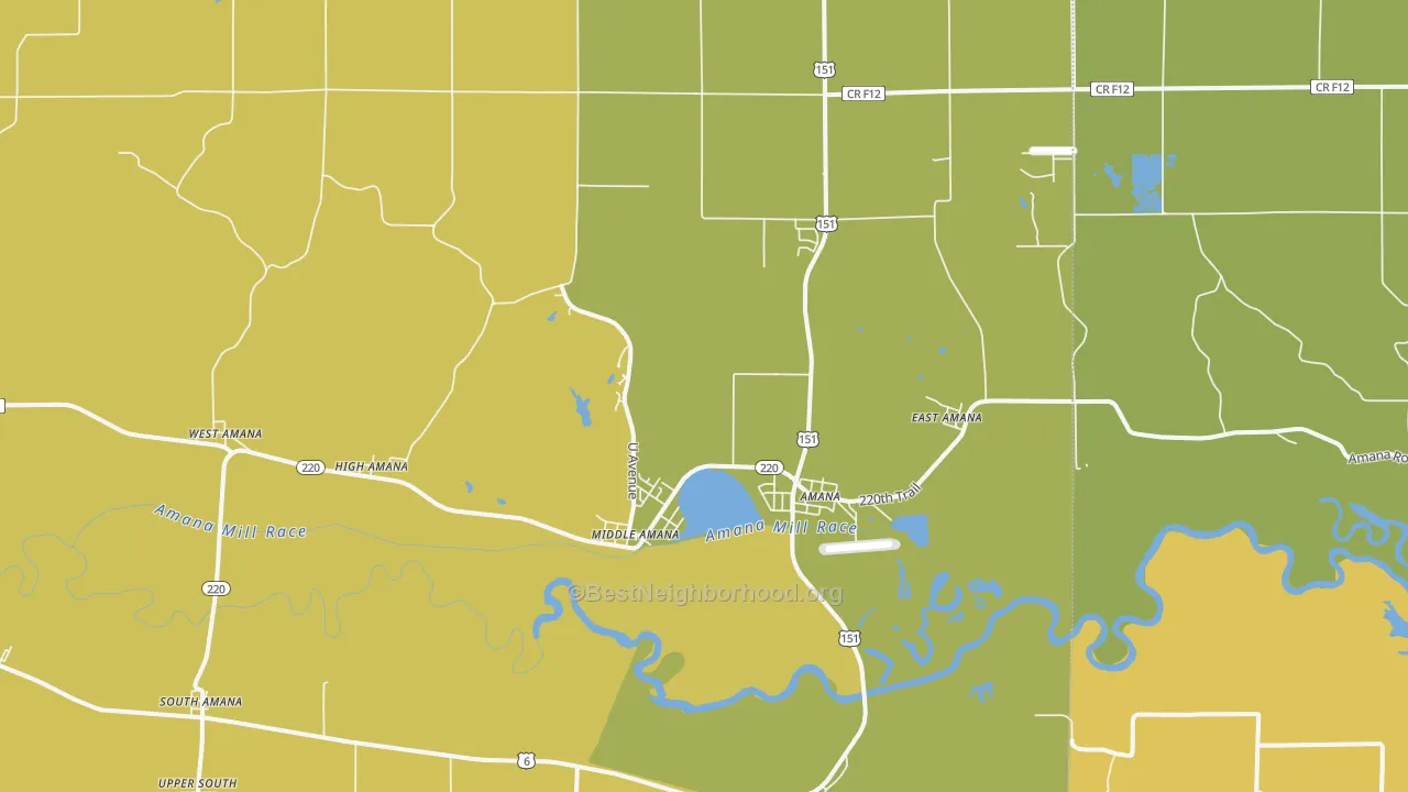 Map of the best neighborhoods in the 52203 area, with better matches in green and worse matches in red